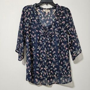 Decree Navy Blue Floral Ruffle V-Neck Sheer Blouse‎ 3/4 Sleeve Boho Top Medium